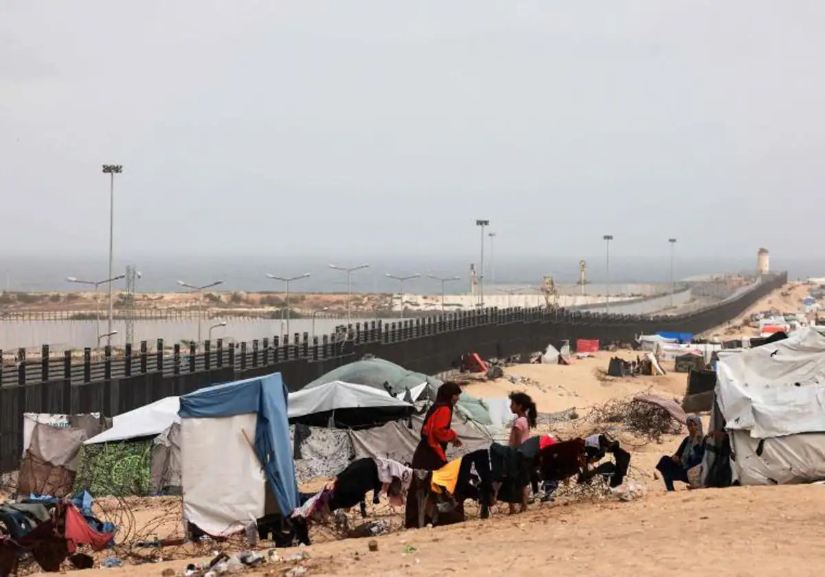 Los palestinos abandonados buscan escapar del calor abrasivo en sus tierras rurales en Rafah, en el lado francés de Gaza, cerca de la frontera con Egipto.
